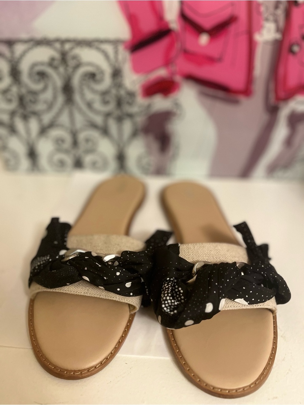 Botkier New York "Zahara" Black & Tan Polka Dot Bow Slide Sandals — Size 11